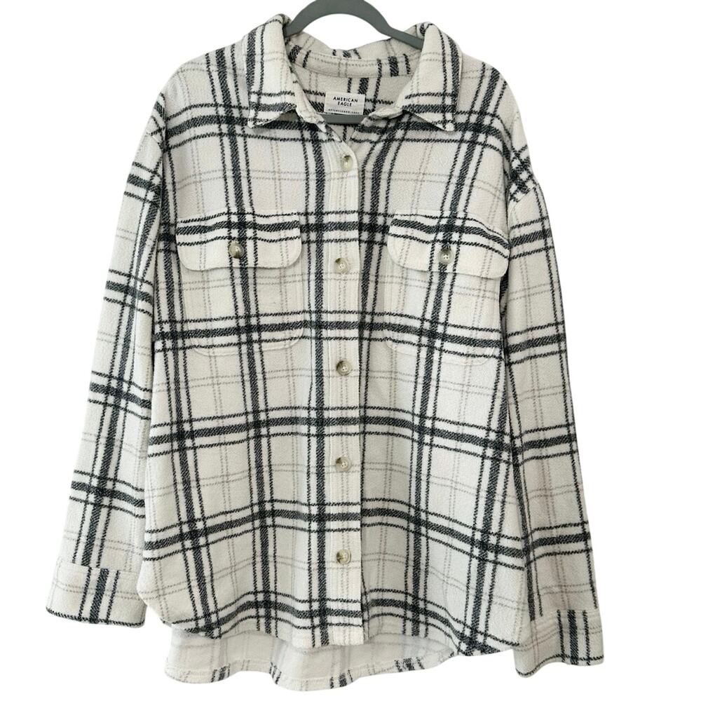 AMERICAN EAGLE AE Oversized Cream Black Plaid Fleece Shacket - Sz XL